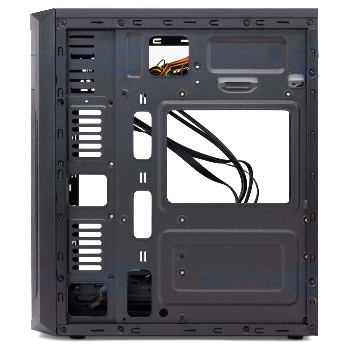 Interno di un case nero per computer con aperture multiple. Cavi e fili visibili. Fessure di ventilazione e punti di montaggio presenti.