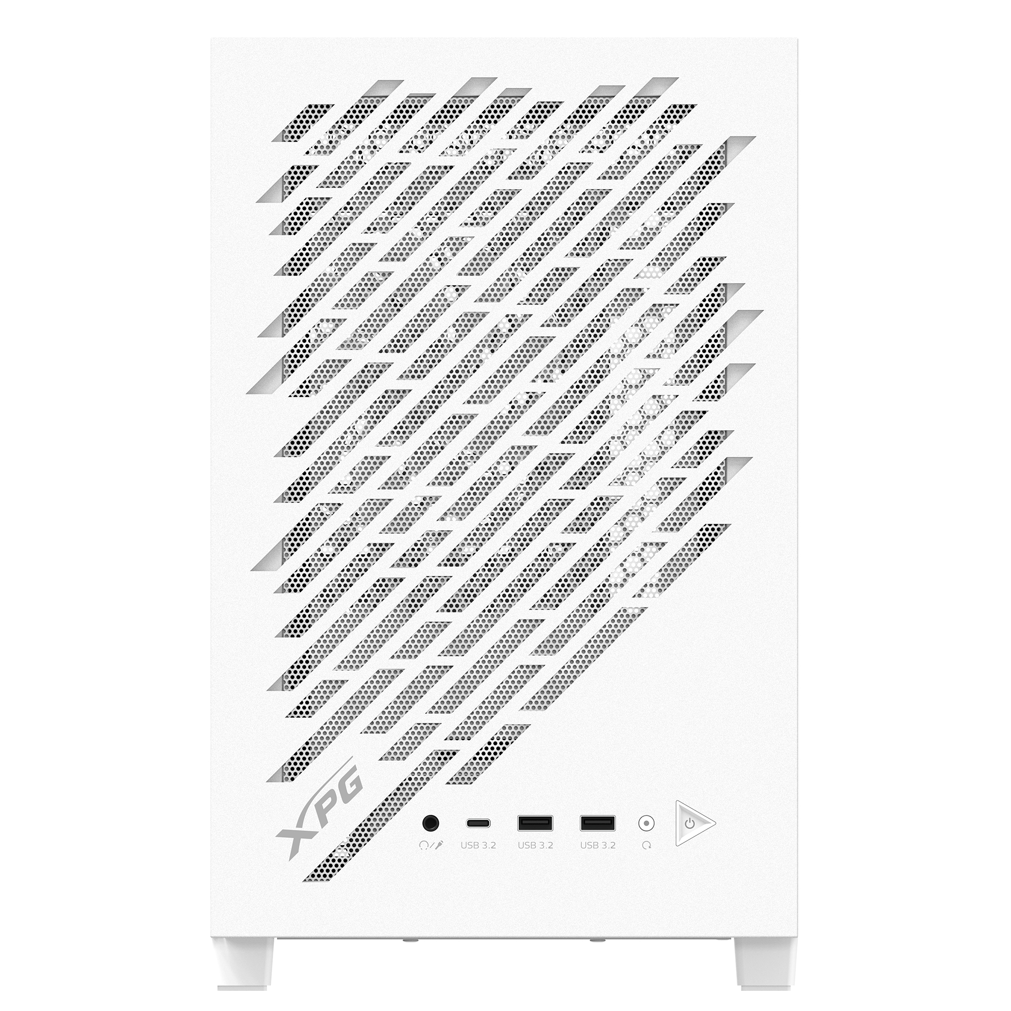 Case per computer bianco con pannello frontale perforato e logo XPG. Ha porte USB e un pulsante di accensione.