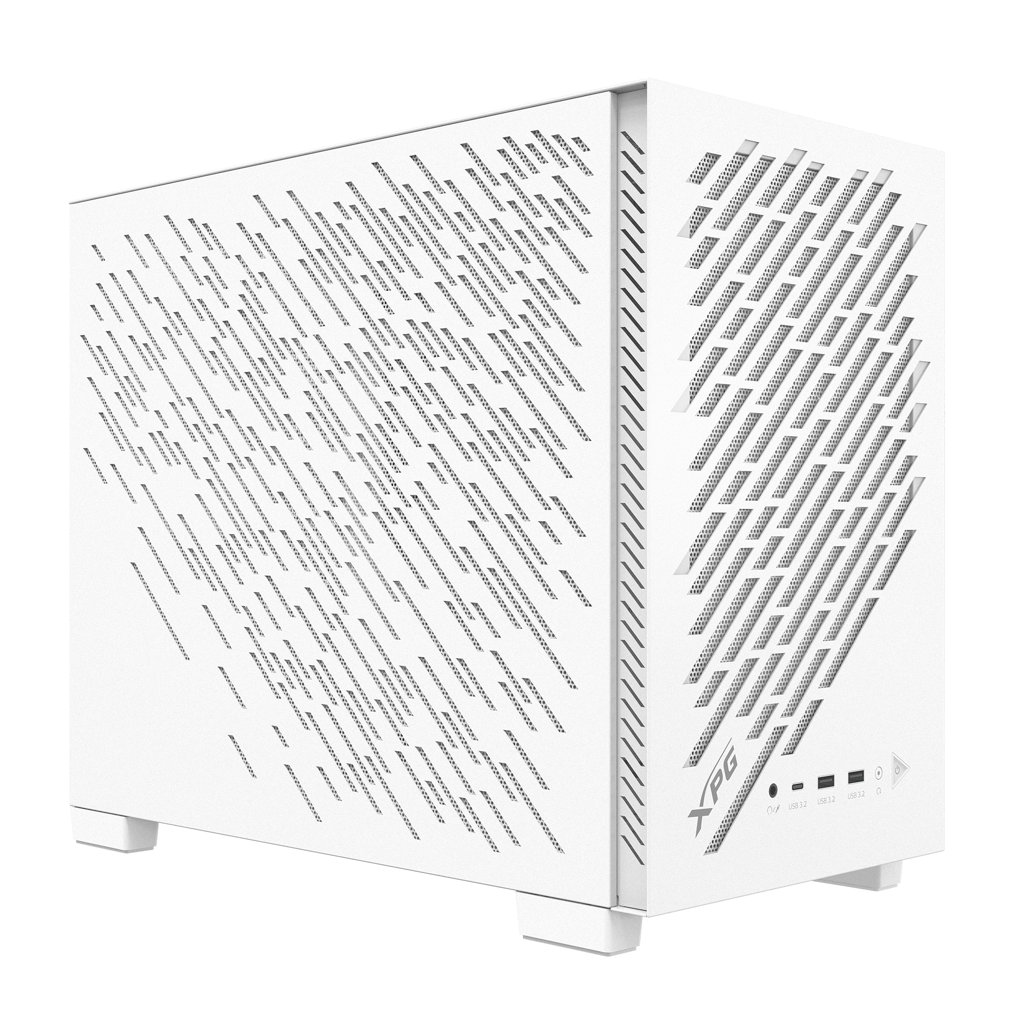 Un case per computer bianco con un pannello frontale a fantasia. Il design incorpora prese d'aria diagonali e il logo XPG.