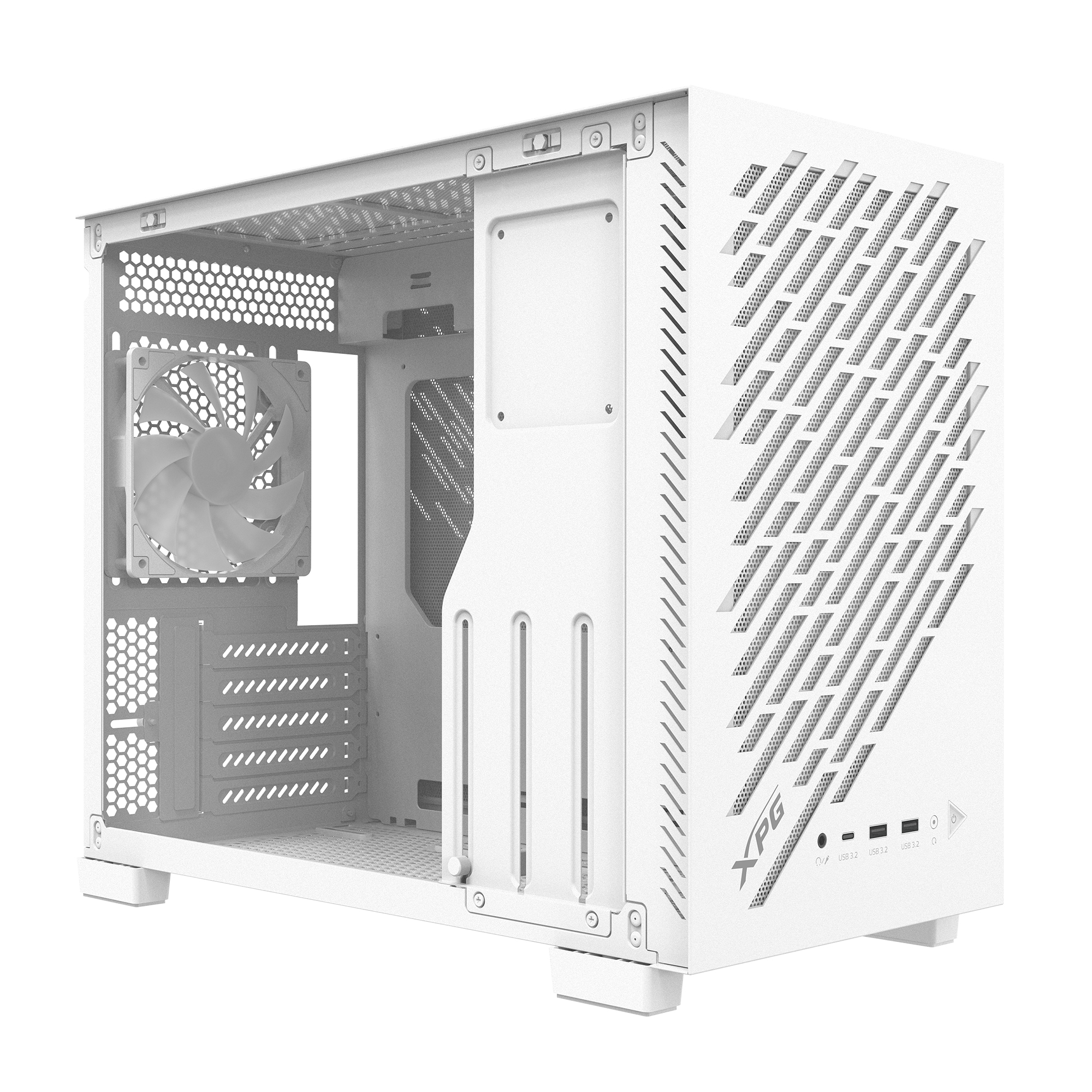 Case per computer bianco con ventola e prese d'aria. Logo XPG visibile. Porte USB sul pannello frontale.