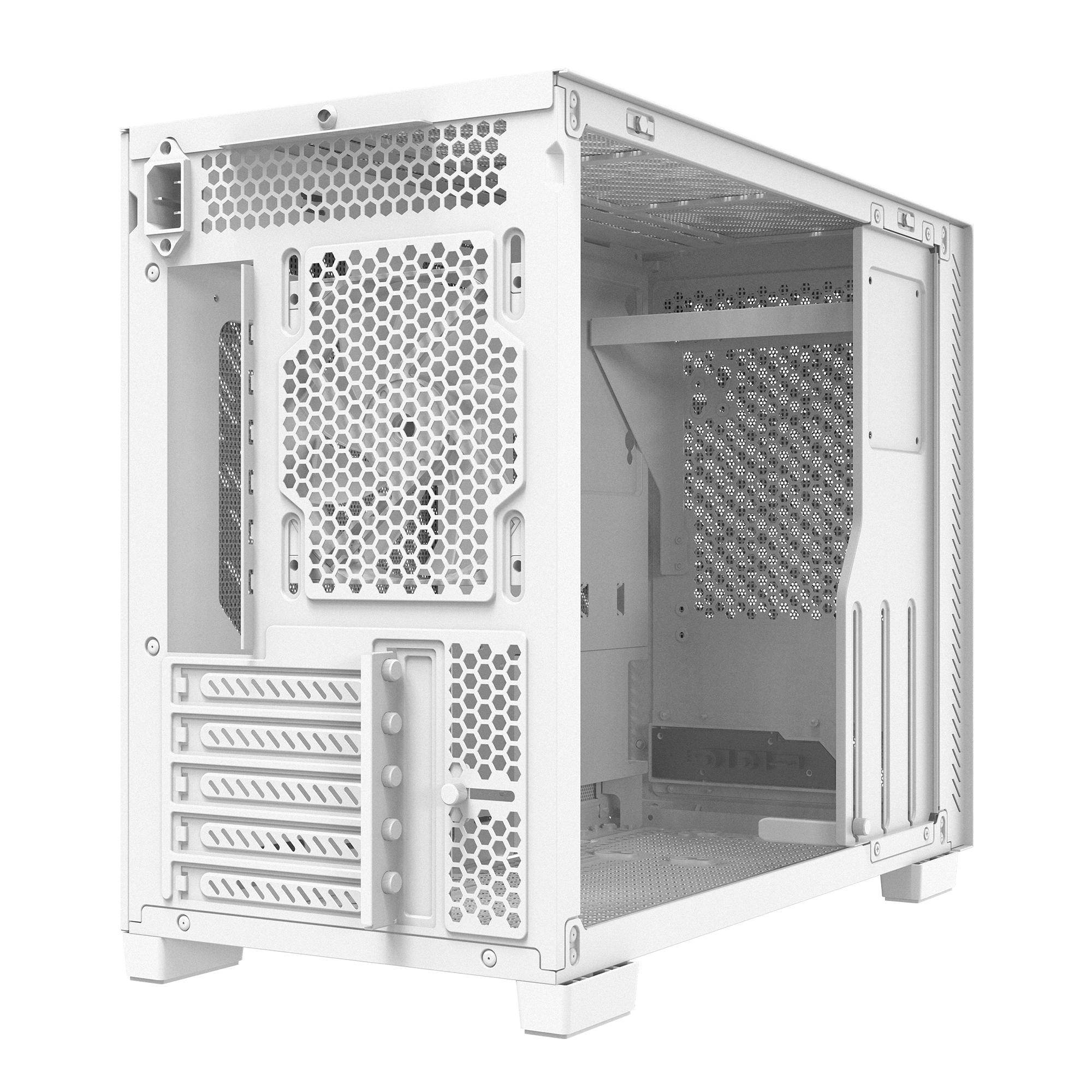 Viene mostrato un case per computer bianco. Ha una parte anteriore e laterale a rete, con ritagli per vari componenti. Il case è vuoto.