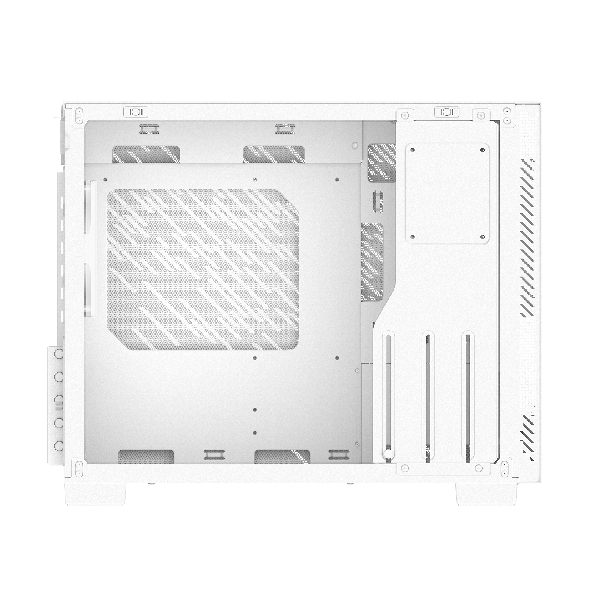 Interno del case del computer bianco. Presenta pannelli perforati e vari punti di montaggio. Prospettiva dall'alto, isolato su sfondo bianco.