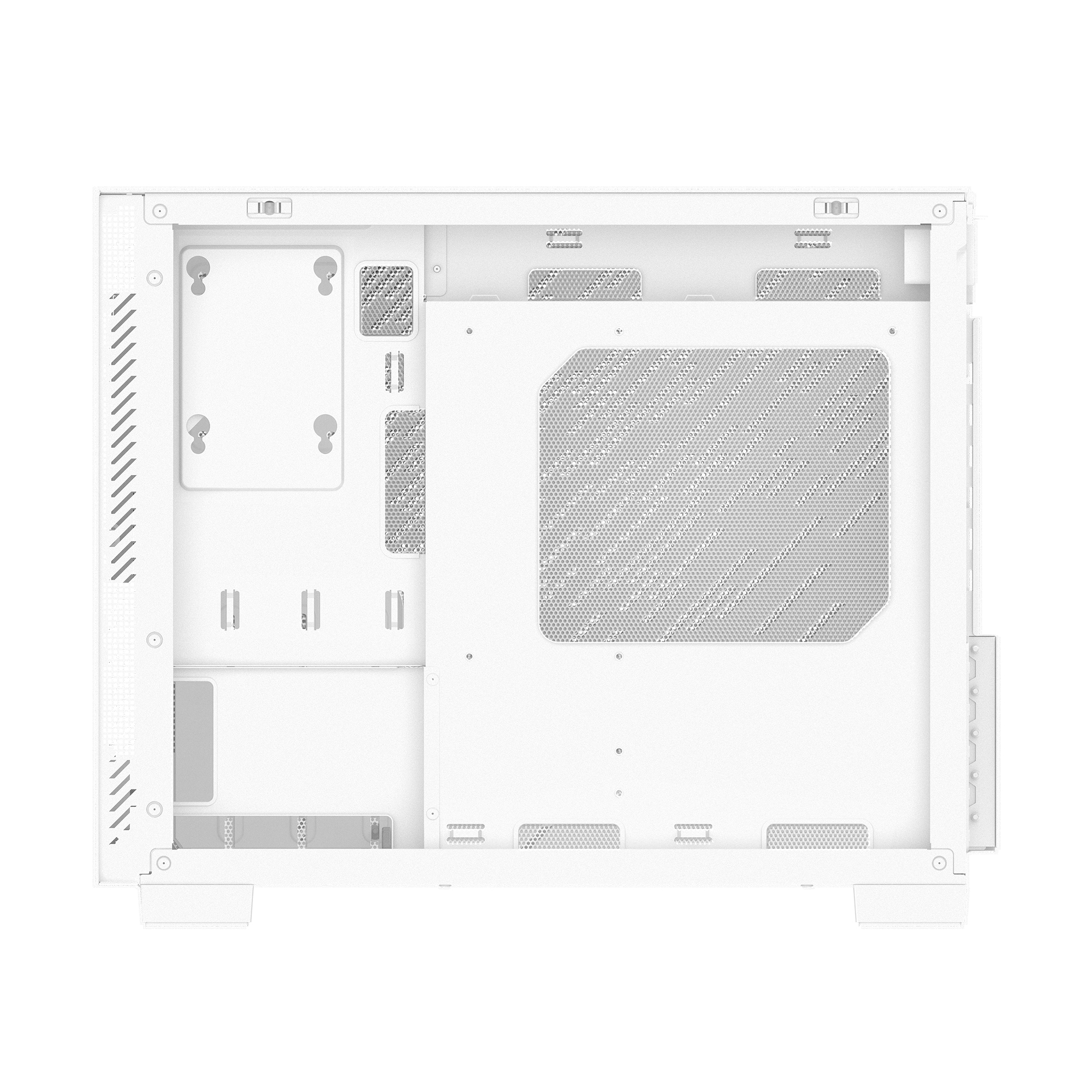 Vista dall'alto di un case per computer bianco. Presenta fori di ventilazione e punti di montaggio.