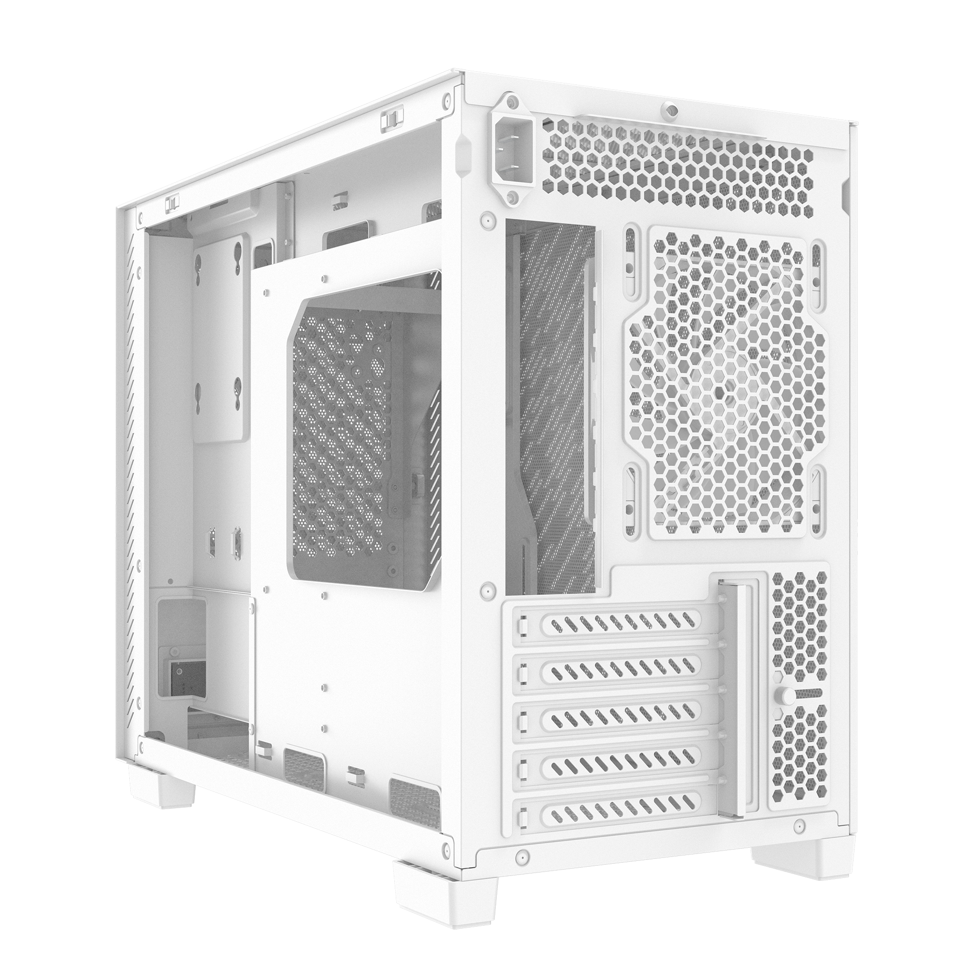 Un case per computer bianco con interno aperto. Ha un frontale a rete, un retro a nido d'ape e più slot.
