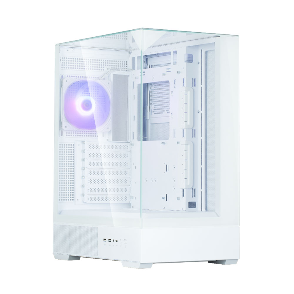 Case per computer bianco con pannello laterale in vetro. All'interno è visibile una ventola con illuminazione viola. La parte anteriore ha porte USB e pulsanti.