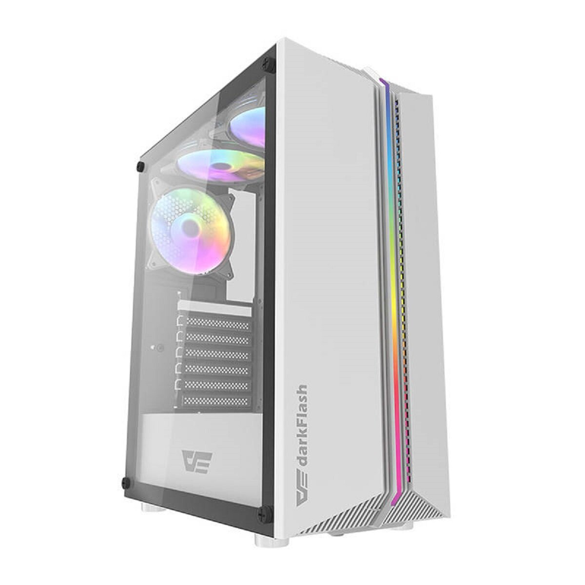 Un case per computer bianco con pannello laterale in vetro, che mostra ventole interne con illuminazione RGB. La parte anteriore ha un logo darkFlash.