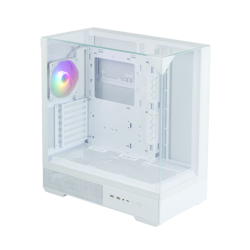 Case per computer bianco con pannello laterale in vetro. È visibile una ventola color arcobaleno. Il case ha un design pulito e moderno.