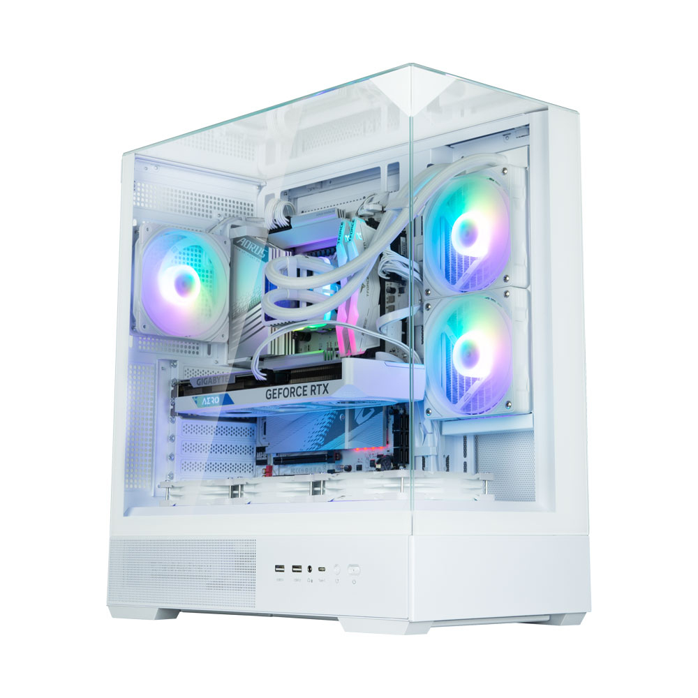 Case PC bianco con lato in vetro. I componenti includono una scheda grafica, ventole con luci colorate e un dissipatore CPU. Ben illuminato.