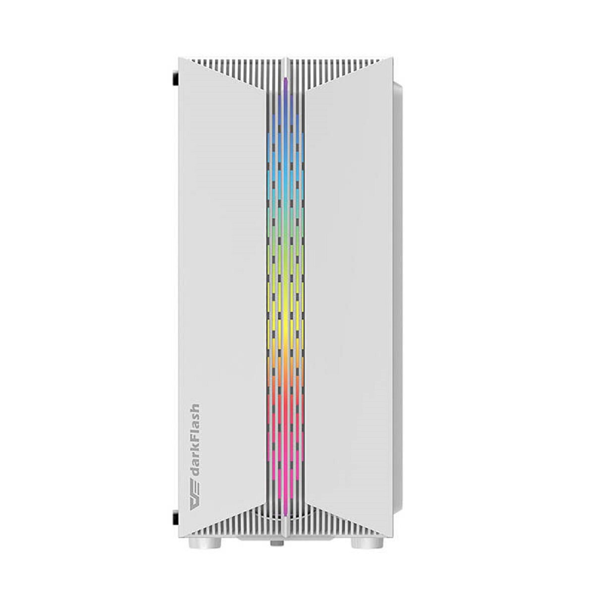 Un case per computer bianco con una striscia verticale di luci colorate al centro. Il marchio 'darkFlash' è visibile.