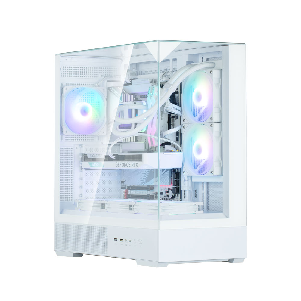 Case per computer bianco con pannelli di vetro che mostrano i componenti interni. Ventole e luci creano un effetto arcobaleno. "Geforce RTX" è visibile.