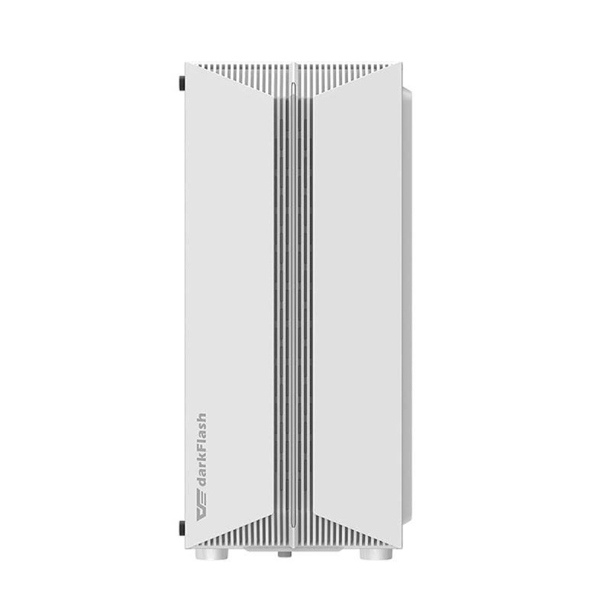 Un case per computer bianco con un design distintivo. Presenta strisce verticali e il logo darkFlash.