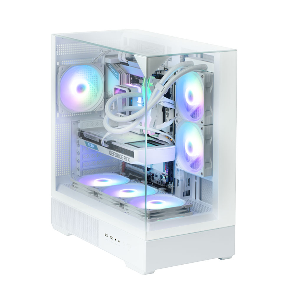Un case per computer bianco con pannelli in vetro. All'interno, una scheda grafica, ventole con luci colorate e componenti di raffreddamento a liquido.