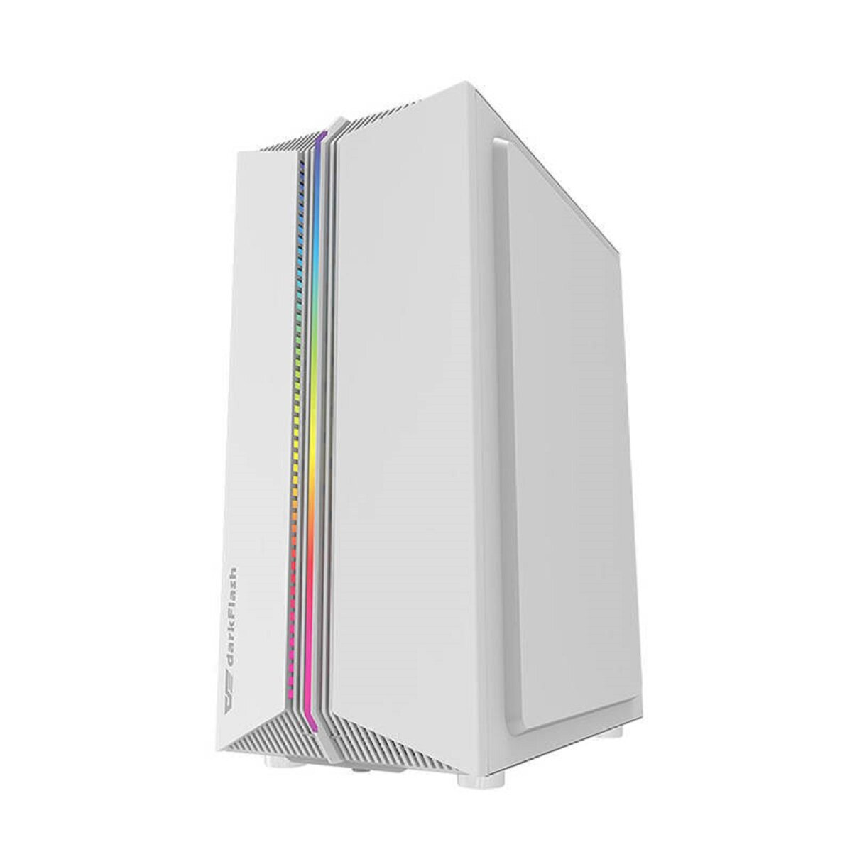 Un case per computer bianco. Ha una striscia luminosa colorata sul pannello frontale. Il marchio darkFlash è visibile.