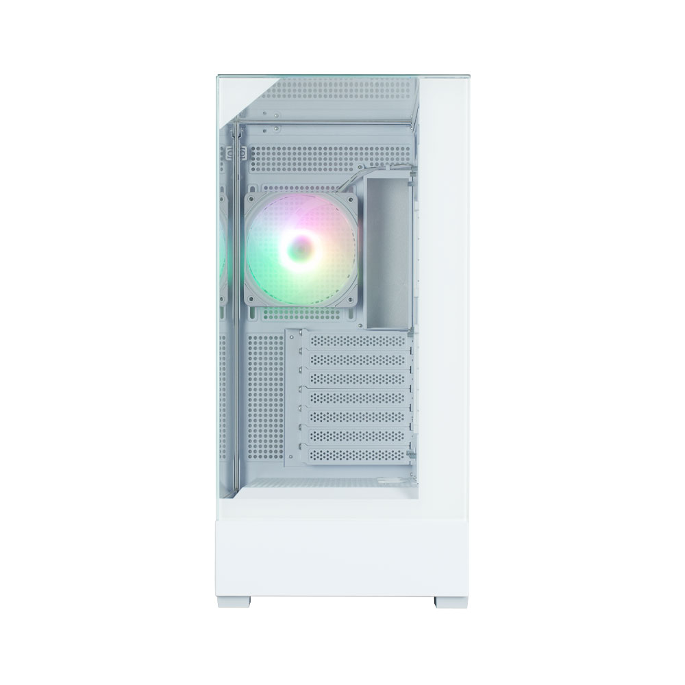 Un case per computer bianco con un pannello laterale in vetro. All'interno, è visibile una ventola colorata. Il case è su sfondo bianco.