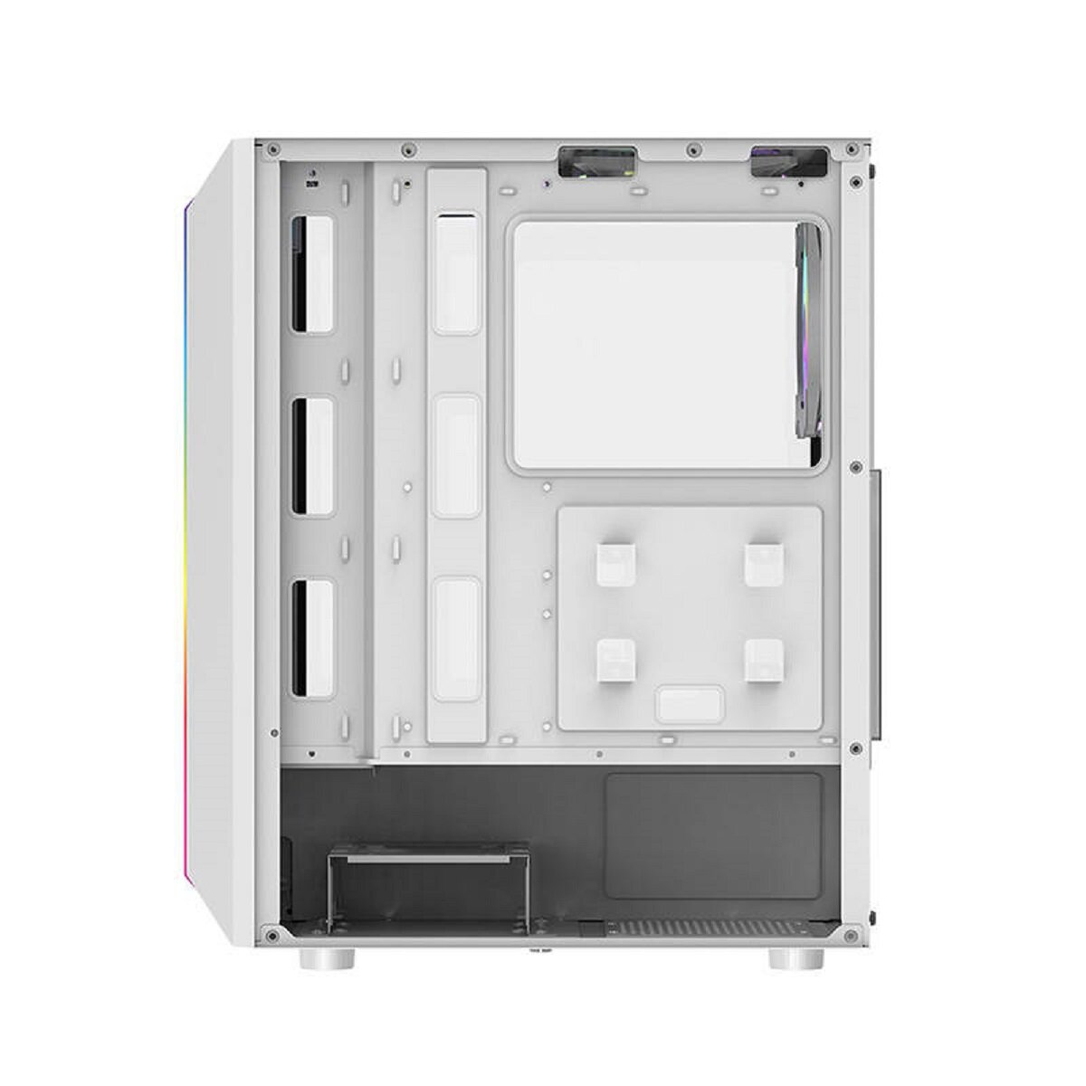Un case per computer bianco con fessure verticali nere e una grande apertura rettangolare. Il case ha una striscia LED arcobaleno sul lato.