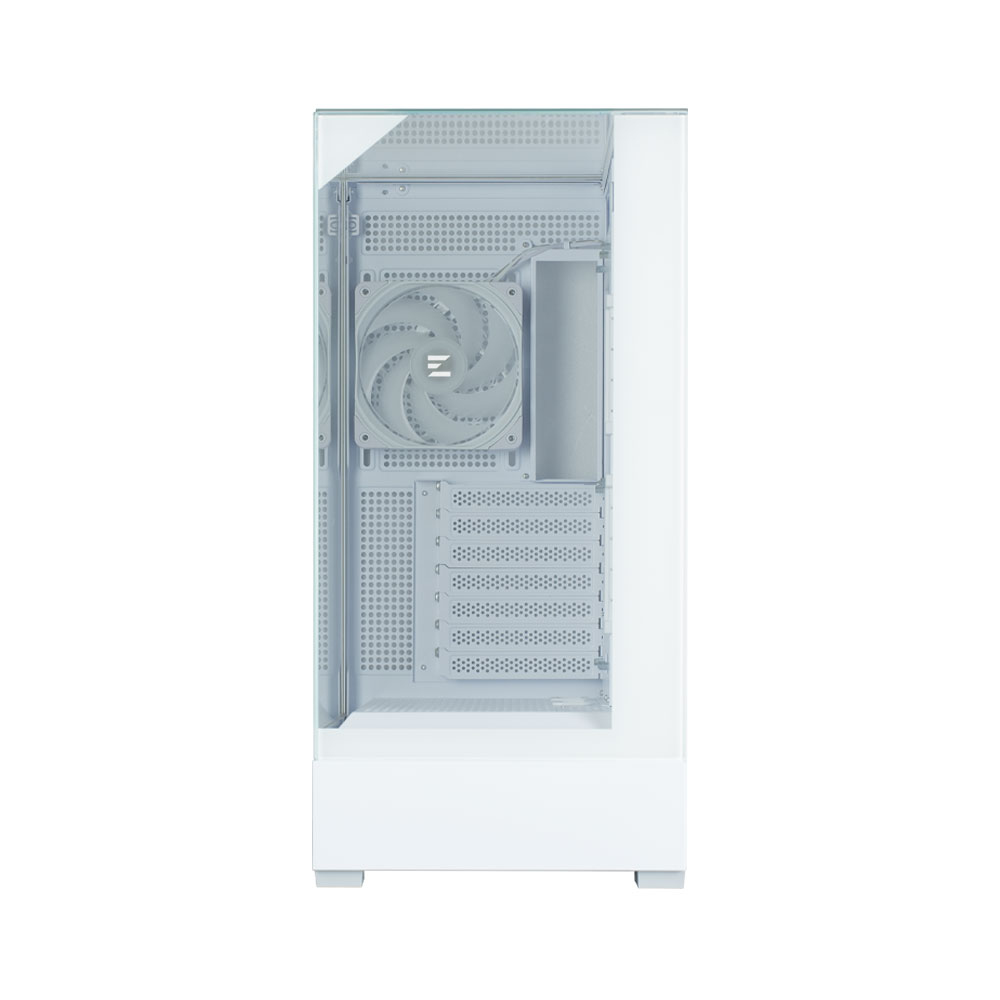 Case per computer bianco. Pannello laterale trasparente. Componenti interni visibili: ventola, aree di montaggio e sezioni perforate.