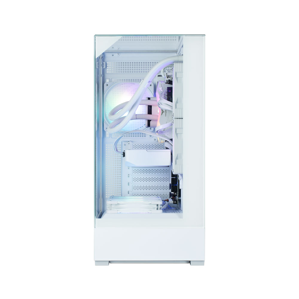 Un case per PC bianco con pannello laterale in vetro. All'interno sono visibili tubi di raffreddamento e componenti. L'estetica è pulita e moderna.