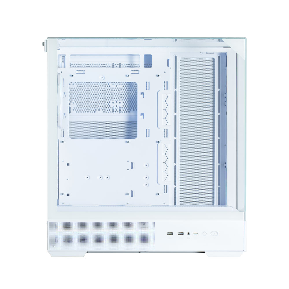 Un case per computer bianco con un pannello laterale in vetro. Ha varie aperture e punti di montaggio per i componenti.