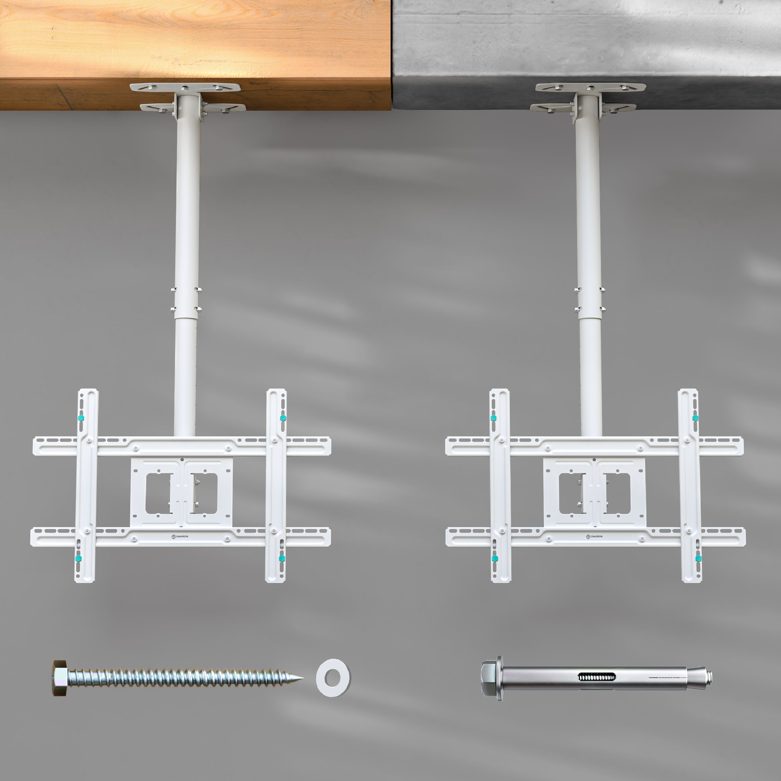 Due supporti TV a soffitto, vite, rondella e bullone. Uno sotto legno, l'altro sotto cemento. Sfondo grigio.