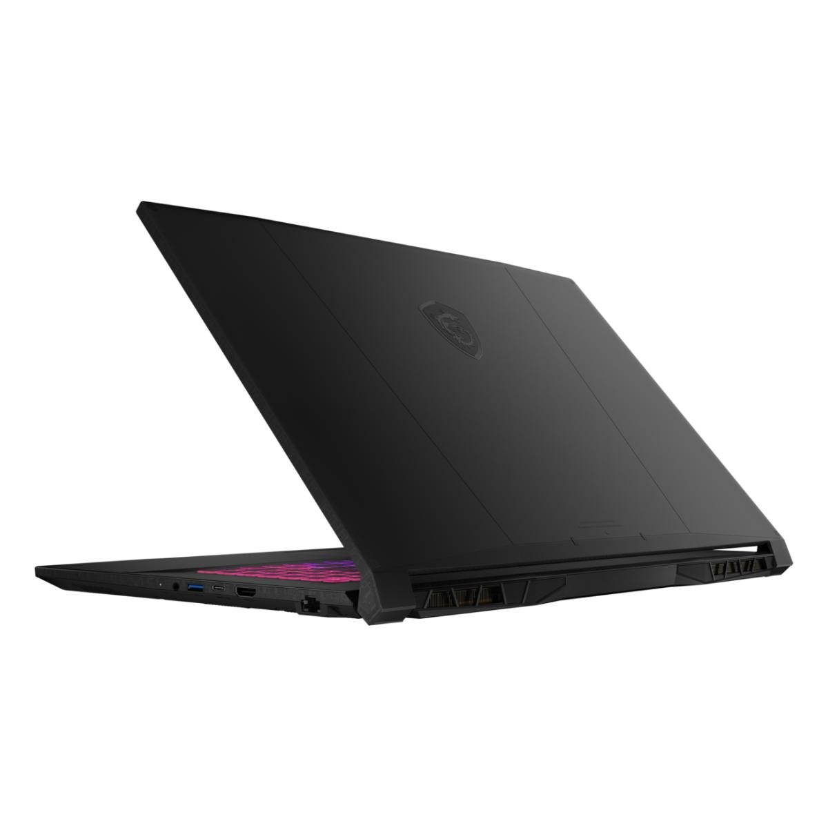 Czarny laptop z niskiego kąta, otwarty. Ekran jest podniesiony. Klawiatura jest podświetlona na różowo i fioletowo.