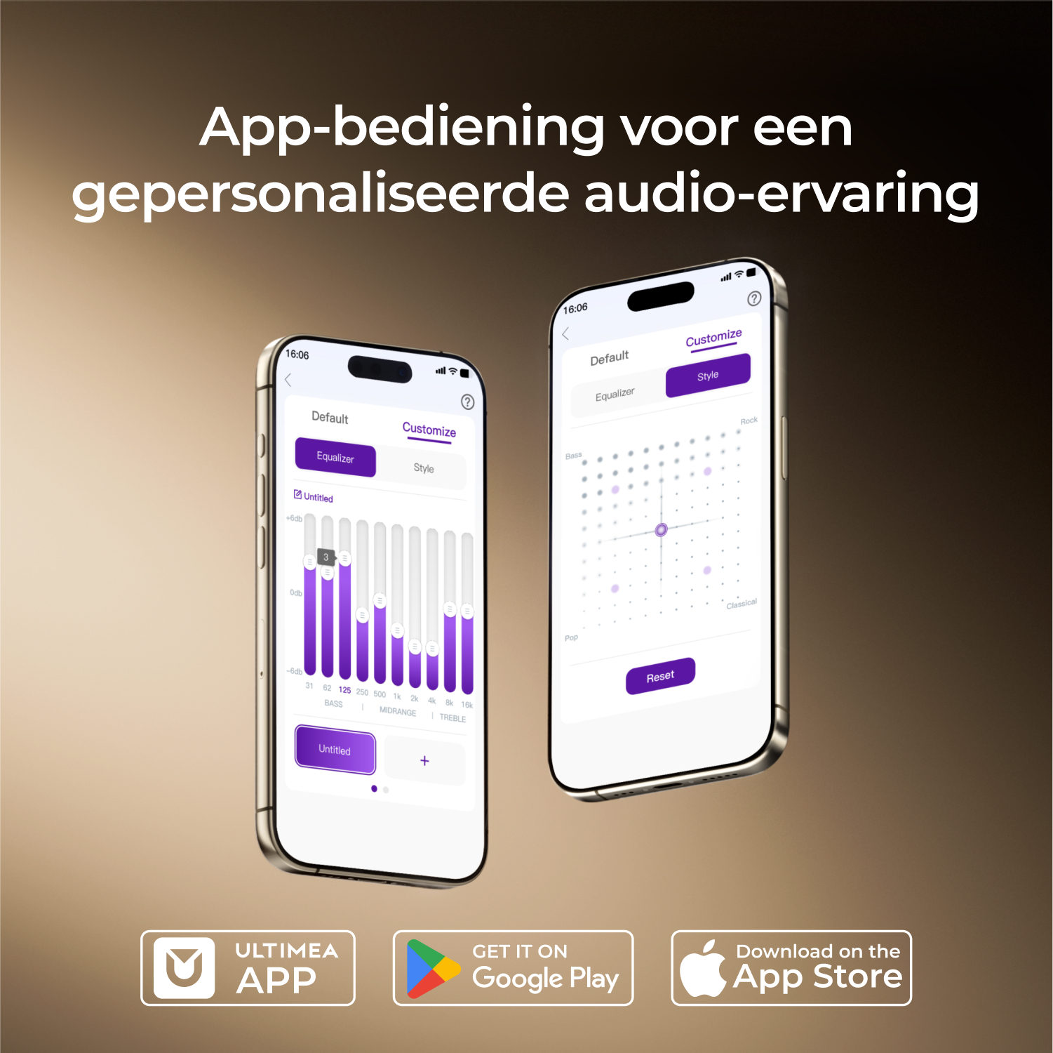 Deux smartphones affichent des interfaces d'applications audio. L'un montre un égaliseur, l'autre un sélecteur de style. Logos d'applications et options de téléchargement en bas.