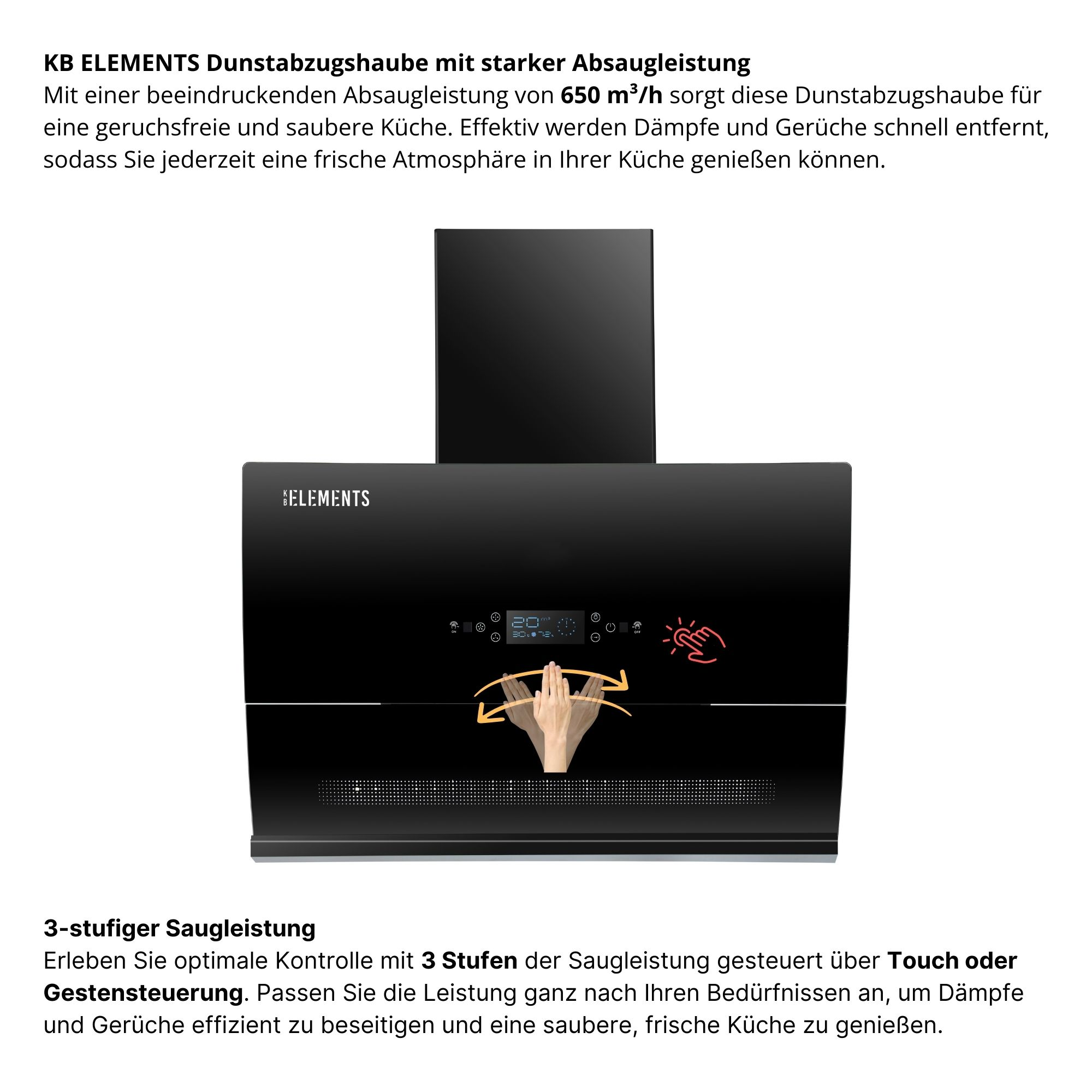 Schwarze Küchenhaube mit Digitalanzeige, Handgestensteuerungssymbol und Text. Sie entfernt Gerüche und hat eine starke Absaugung.