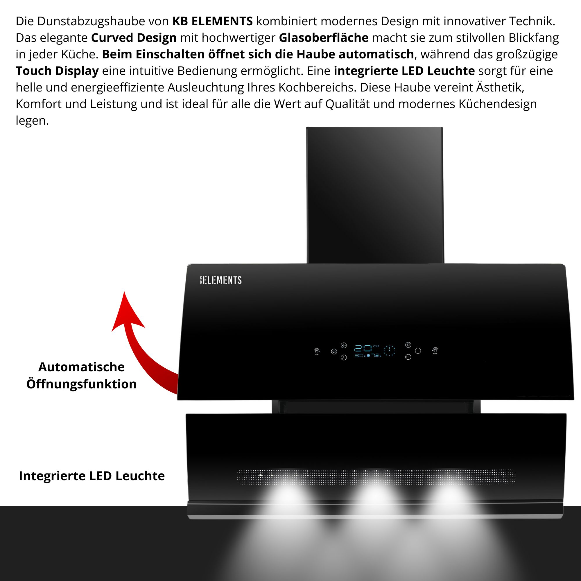 Schwarze Dunstabzugshaube mit LED-Leuchten und Touch-Display. Verfügt über eine automatische Öffnungsfunktion.