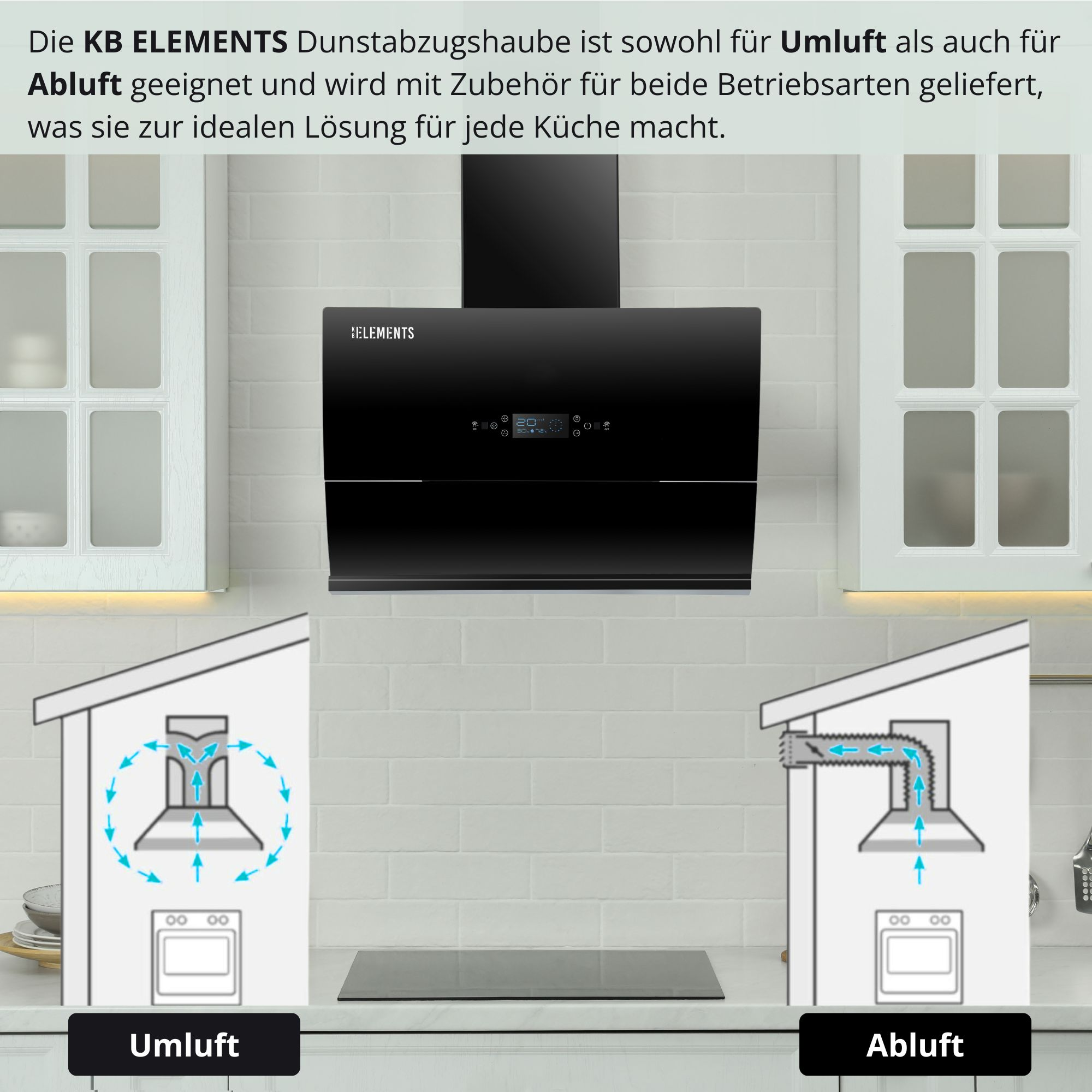 Schwarze Dunstabzugshaube in einer Küche, Diagramme mit Luftstromoptionen, weiße Schränke im Hintergrund.