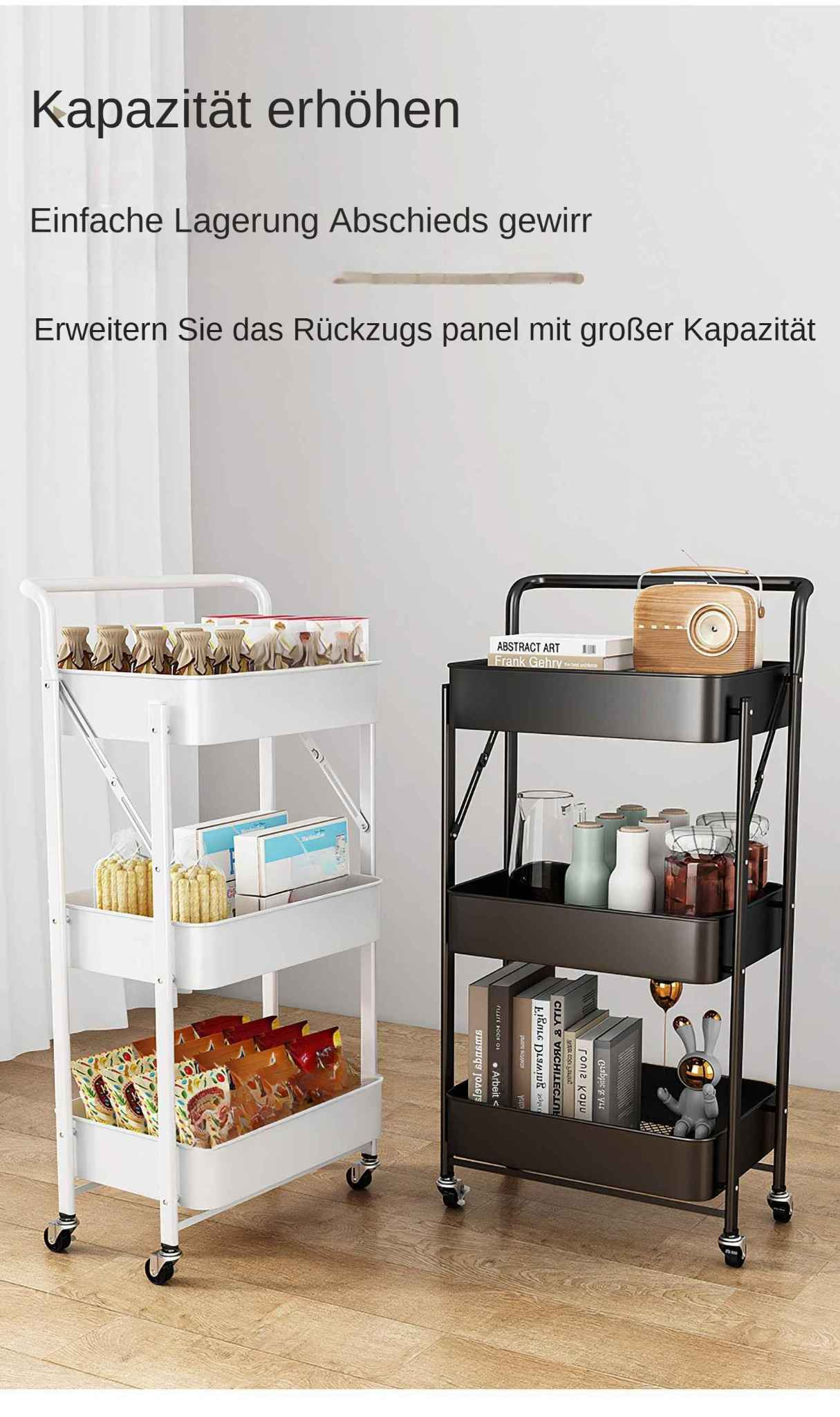 Zwei rollende Wagen, weiß und schwarz, mit verschiedenen Gegenständen auf Regalen. Hintergrund ist eine weiße Wand. Fokus auf Aufbewahrungslösungen.