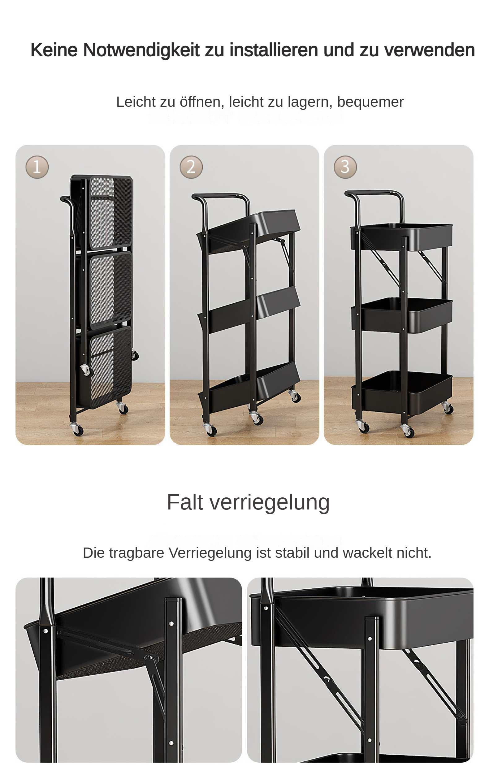 Das Bild zeigt einen schwarzen, dreistufigen Rollwagen. Er wird gefaltet, teilweise geöffnet und vollständig geöffnet dargestellt.