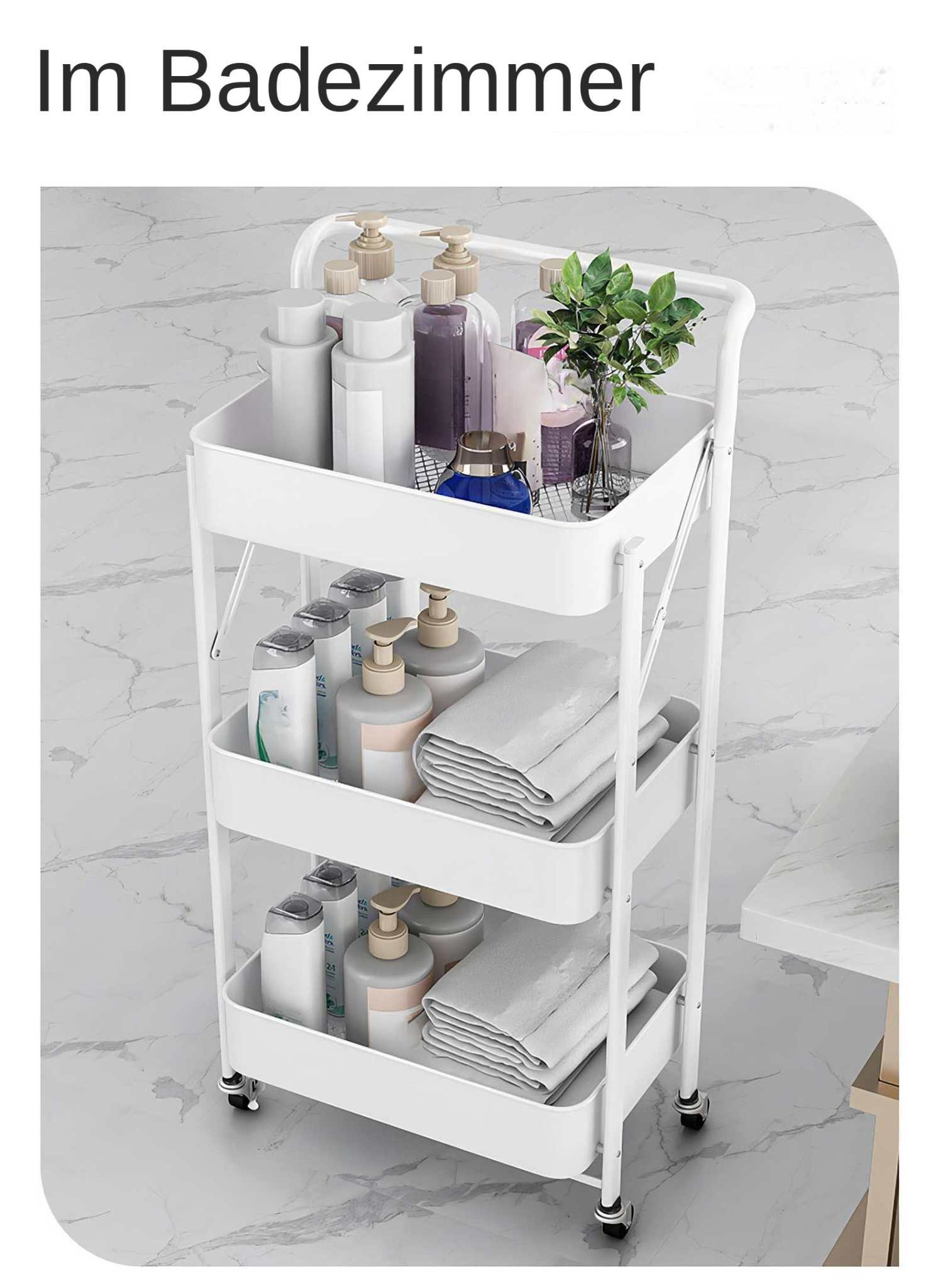 Ein weißer Rollwagen im Badezimmer enthält Flaschen, Handtücher und Pflanzen. Der Titel lautet 'Im Badezimmer'.