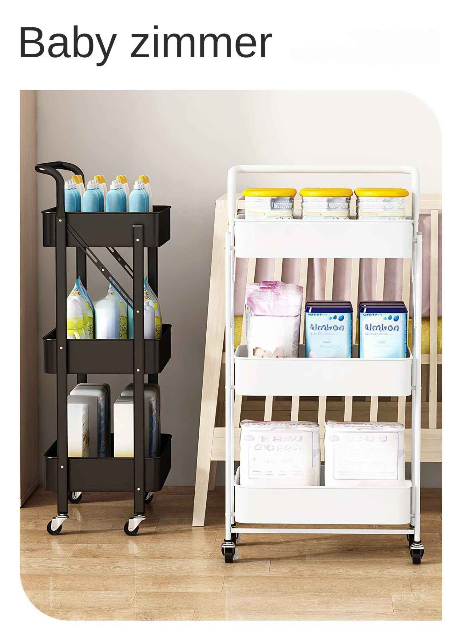 Zwei rollende Wagen mit Babyartikeln. Ein schwarzer Wagen mit Flaschen und der andere weiße mit Milchpulver und Windeln.