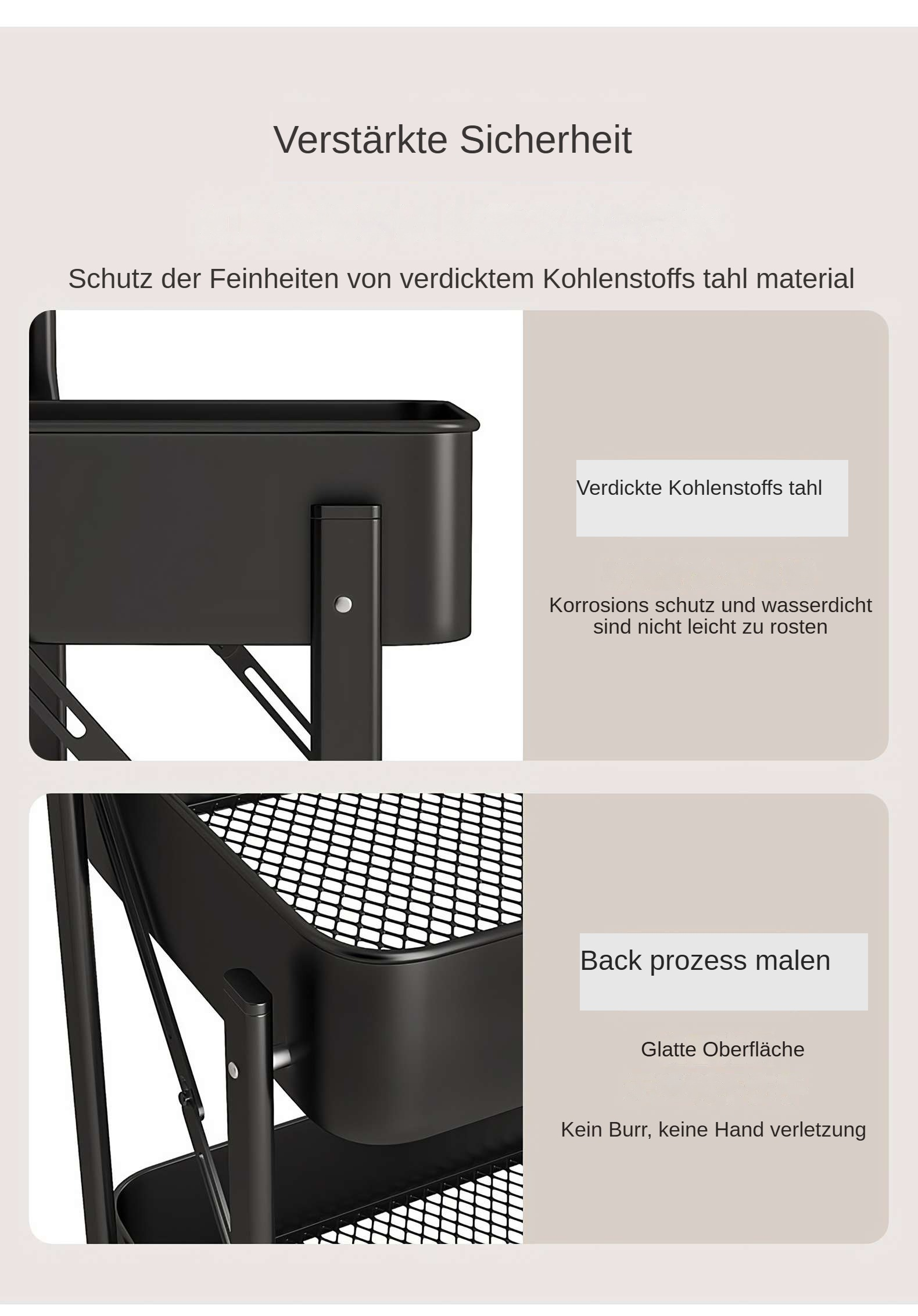 Schwarzer Metallwagen mit Text auf Deutsch. Abschnitte zeigen Korrosionsbeständigkeit und glatte Oberflächen.