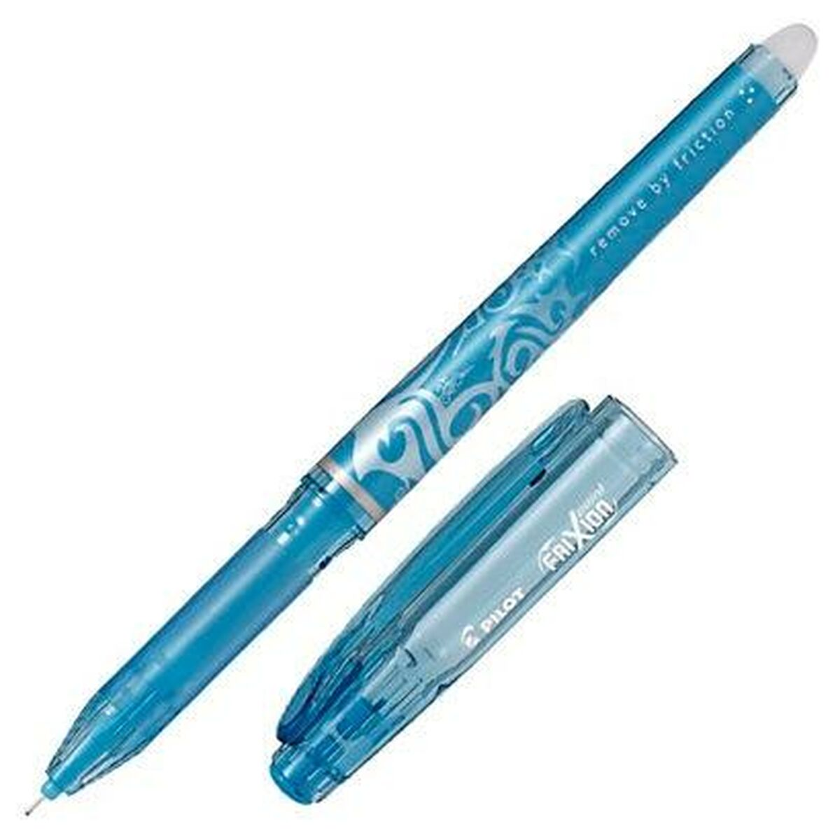 Ein blauer Pilot Frixion-Stift und seine Kappe liegen auf weißem Hintergrund. Der Stift ist mit 'remove by friction' beschriftet.
