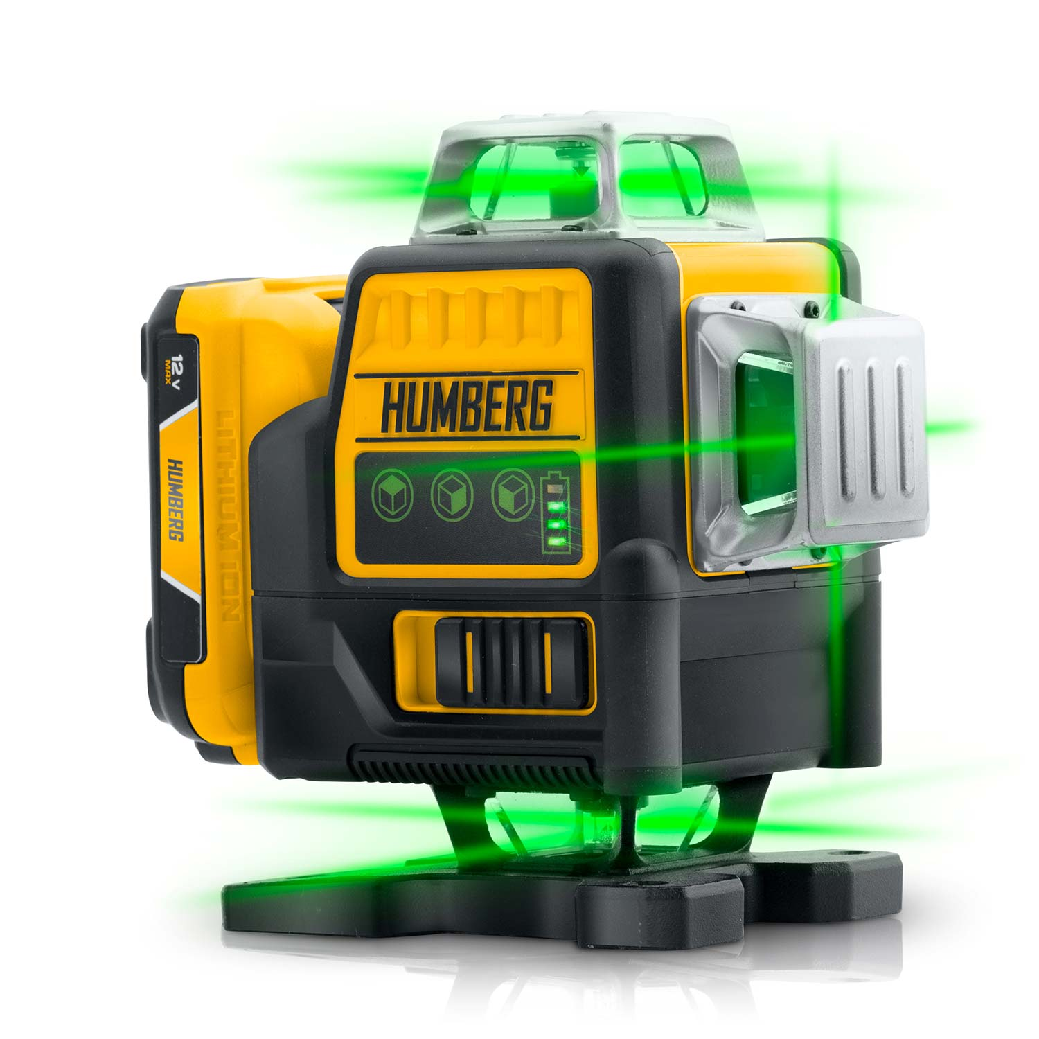 Żółto-czarny poziomica laserowa Humberg emituje zielone linie laserowe. Znajduje się na białej powierzchni. Urządzenie posiada baterię litową.