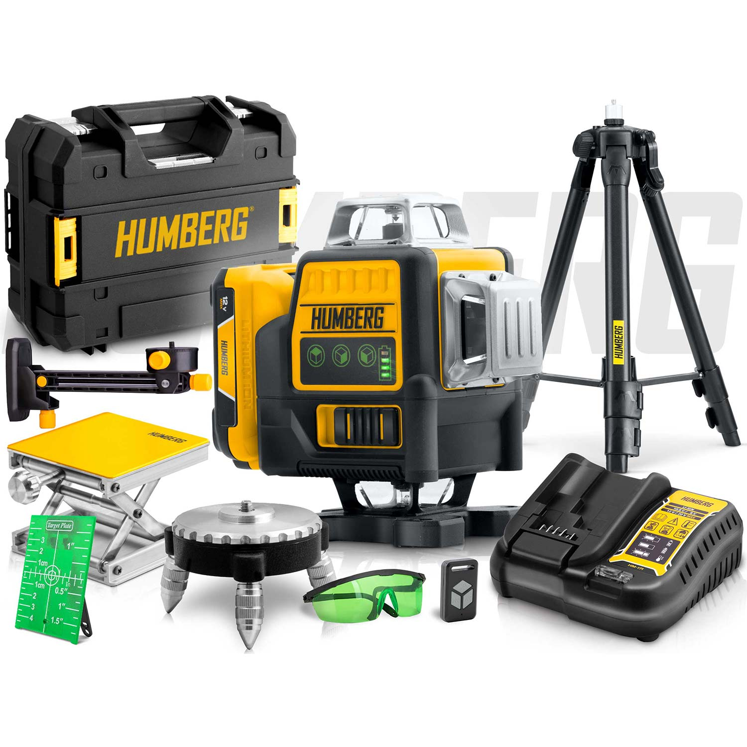 Zestaw poziomicy laserowej Humberg. Zawiera czarno-żółtą poziomicę, statyw, ładowarkę, walizkę, okulary i akcesoria na białym tle.