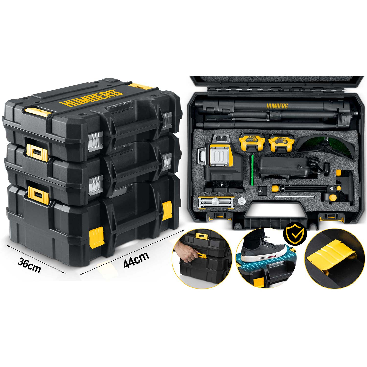 Czarne i żółte skrzynki narzędziowe Humberg ułożone w stos, jedna otwarta pokazująca narzędzia. Zawiera poziomicę, statyw, baterie i okulary ochronne.