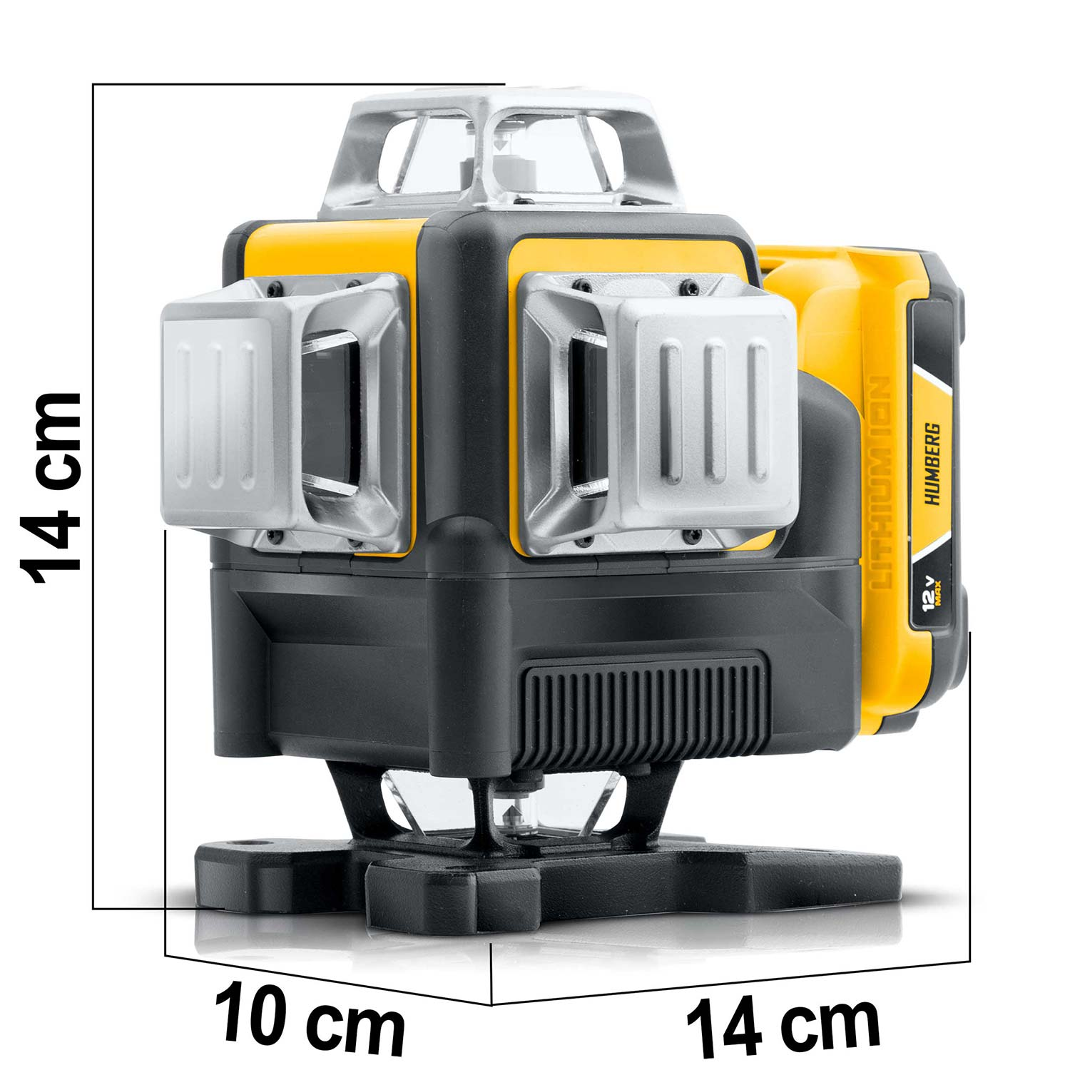 Żółty i czarny poziom laserowy ze srebrnymi akcentami na czarnej podstawie. Pokazano wymiary 10 cm, 14 cm i 14 cm.