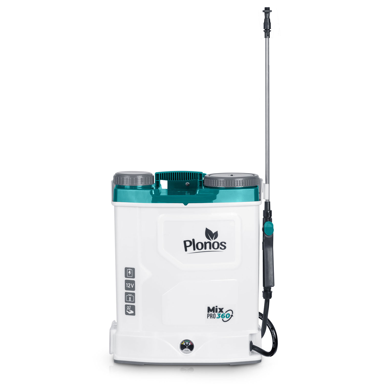 Biało-turkusowy opryskiwacz Plonos Mix Pro 360. Ma długą, srebrną dyszę i czarny wąż. Tło jest białe.
