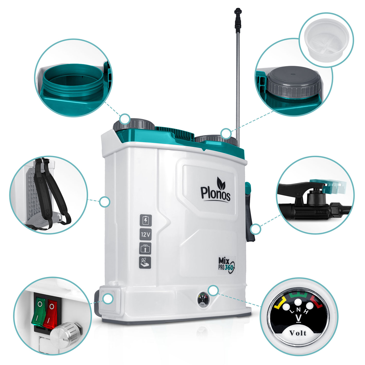 Biały i niebiesko-zielony opryskiwacz z diagramami. Ma plecak, dyszę i woltomierz. Marka to Plonos.