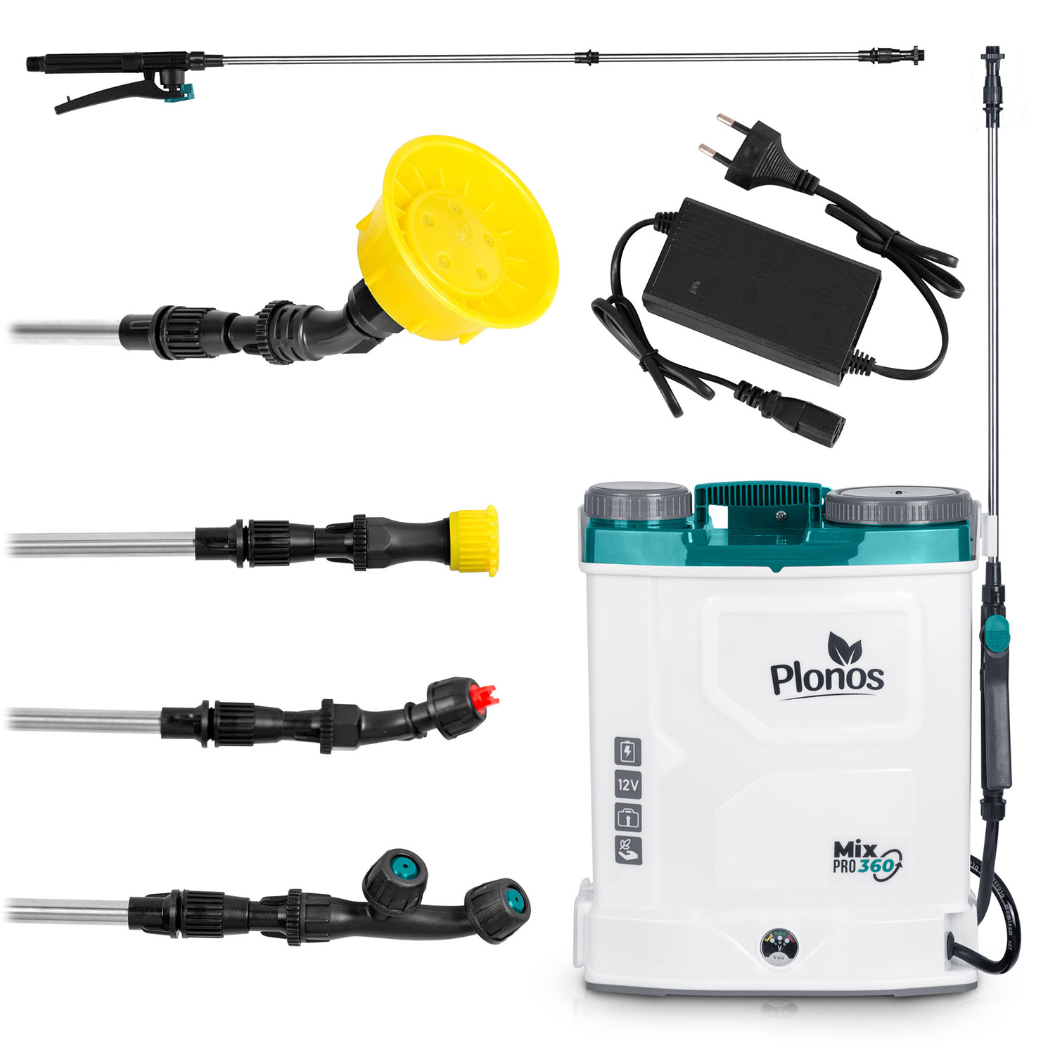 Biało-turkusowy opryskiwacz Plonos Mix Pro 360 z akcesoriami: dysza, ładowarka i lanca.
