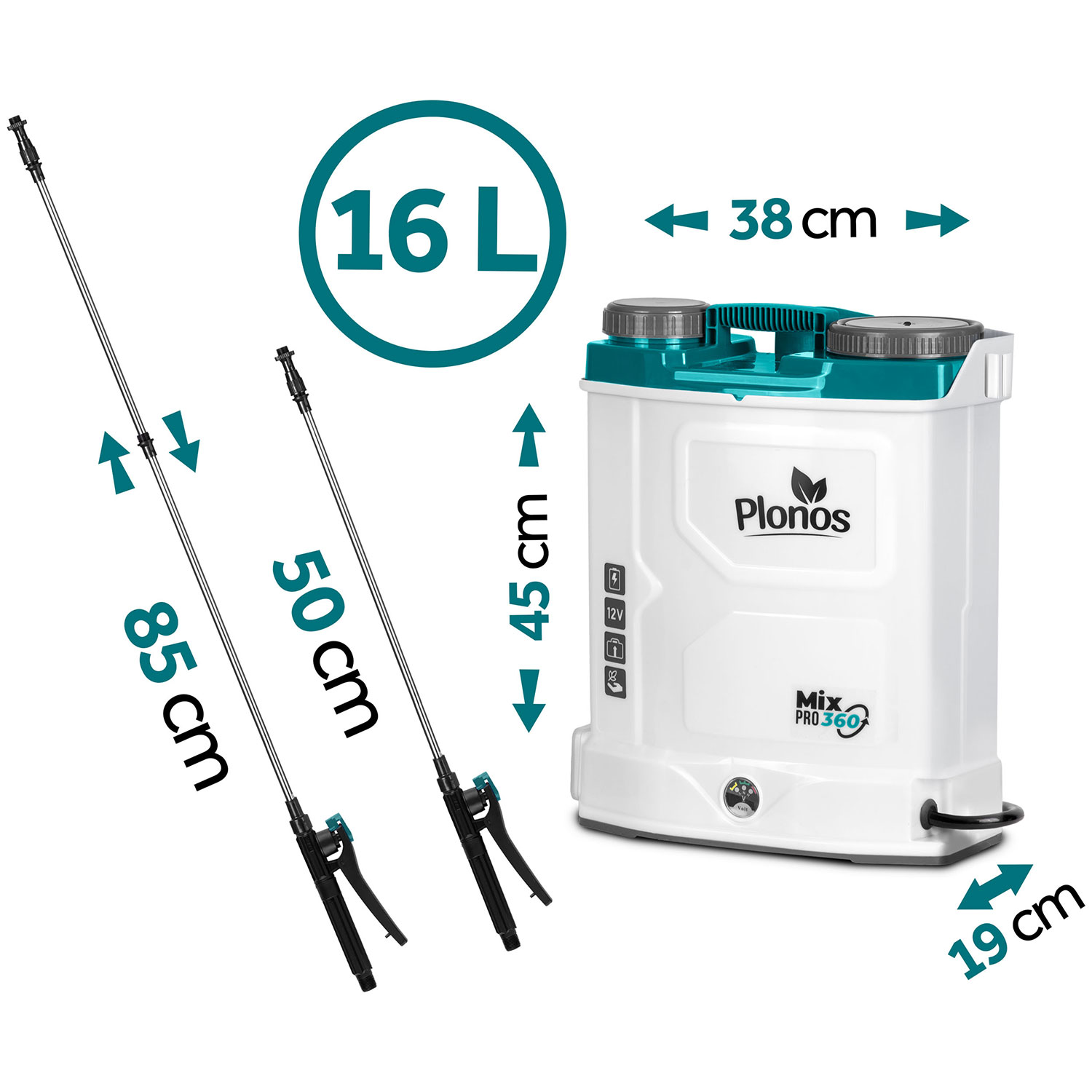 Biało-zielony opryskiwacz z dwoma lancami, wskaźnikami rozmiaru i wymiarami. Opryskiwacz ma pojemność 16L i etykietę 'Plonos Mix Pro 360'.