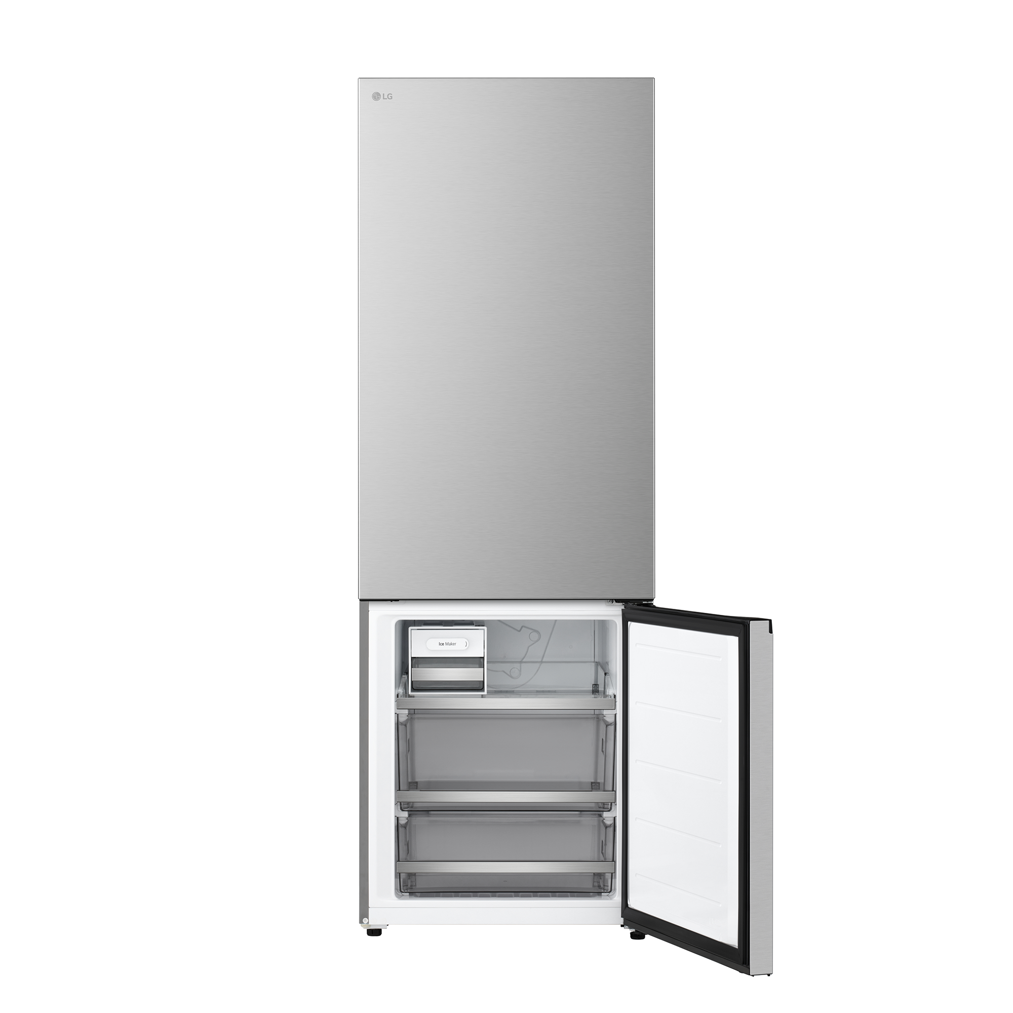 Ein LG-Kühlschrank aus Edelstahl mit geöffneter Gefriertür. Im Inneren befinden sich Schubladen und ein Eisbereiter.