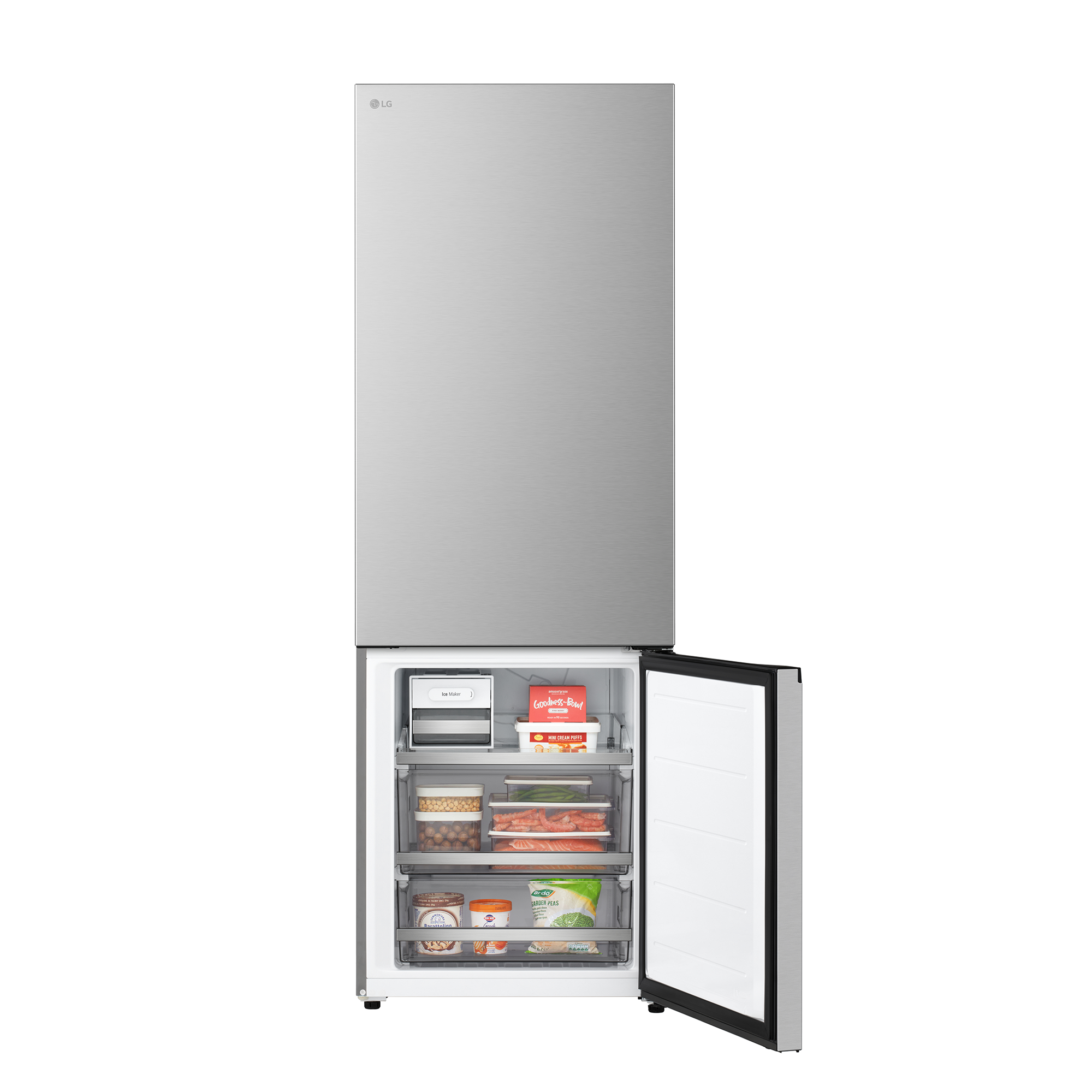 Ein LG-Kühlschrank aus Edelstahl mit geöffneter unterer Gefriertür, die Lebensmittel im Inneren zeigt. Eisbereiter und Lebensmittelpackungen sind sichtbar.