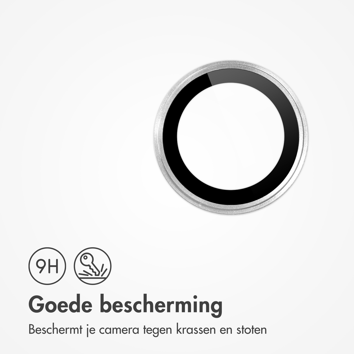 A circular camera protector with a black and silver design. Text below says 'Good protection', and 'Protects your camera from scratches and impacts'.
