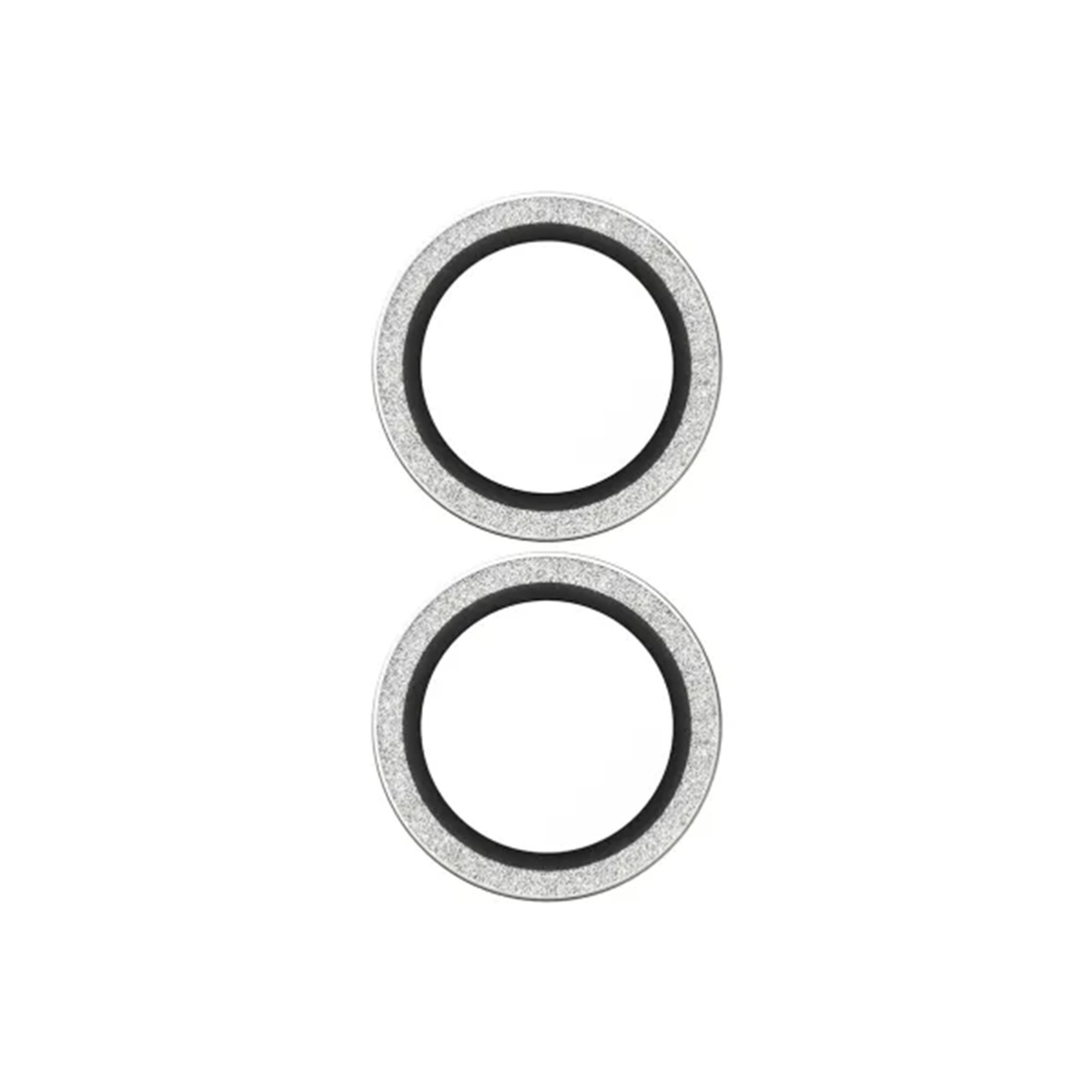 Deux anneaux argentés avec des anneaux intérieurs noirs sont empilés verticalement sur fond blanc. Les anneaux sont circulaires.