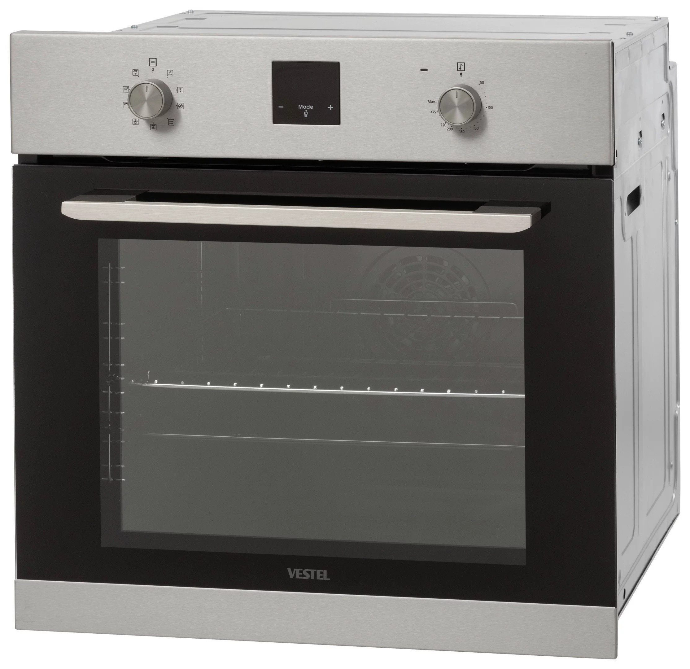 Ein Edelstahlbackofen mit schwarzer Glastür. Er hat Knöpfe und ein digitales Display für Einstellungen. Die Marke ist Vestel.