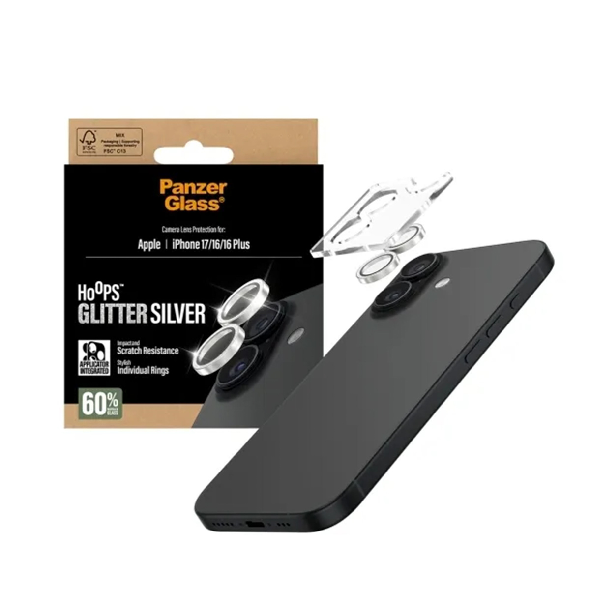 Image d'un smartphone noir avec protections d'objectif. L'emballage avec le logo Panzer Glass est visible. Le produit est pour iPhone.
