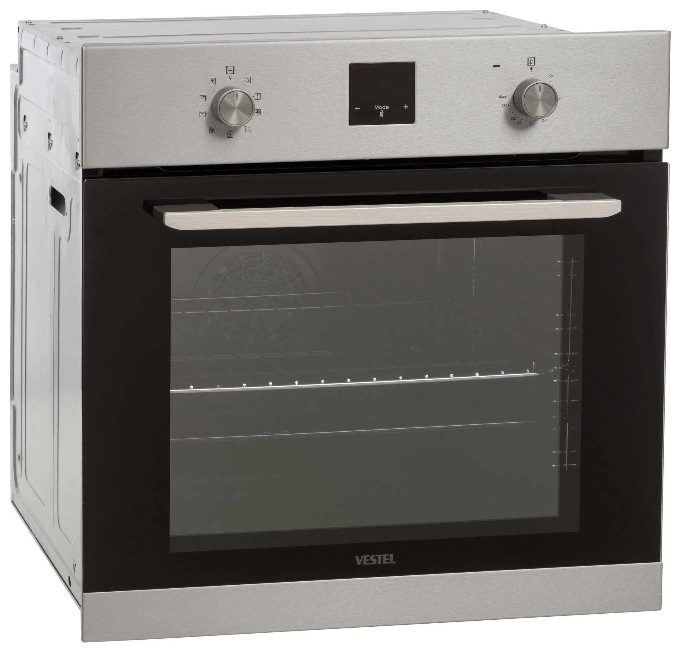 Ein Edelstahlbackofen mit schwarzer Glastür. Er verfügt über Bedienknöpfe und ein Digitaldisplay für Modus- und Temperatureinstellungen.