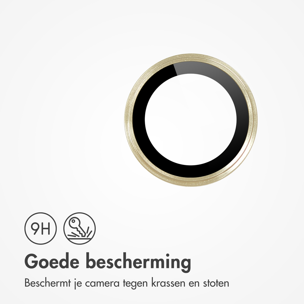 A protective camera lens protector. Gold rim, black circle, with 9H and key symbols, text: Good protection, protects your camera against scratches.